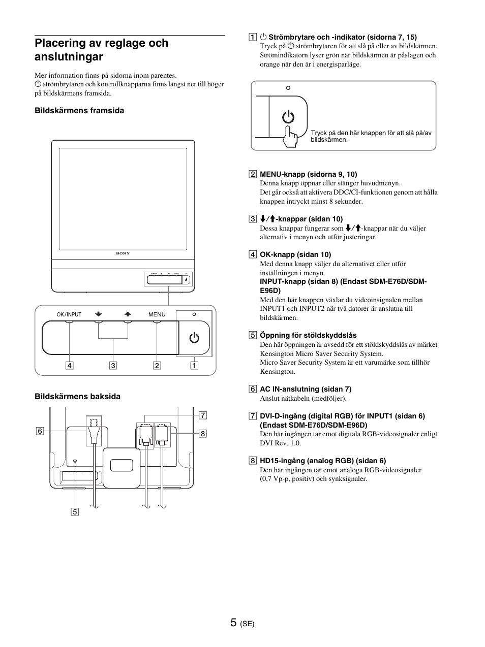 Placering av reglage och anslutningar | Sony SDM-E76D User Manual | Page 183 / 349