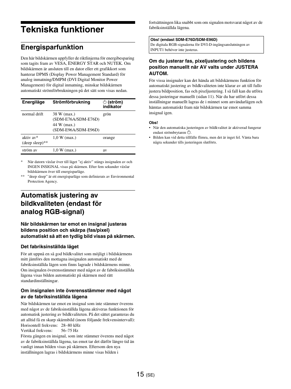 Tekniska funktioner, Energisparfunktion | Sony SDM-E76D User Manual | Page 193 / 349