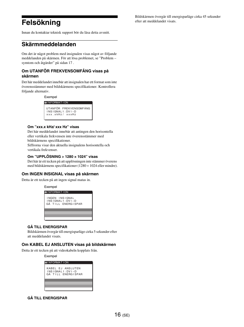 Felsökning, Skärmmeddelanden | Sony SDM-E76D User Manual | Page 194 / 349