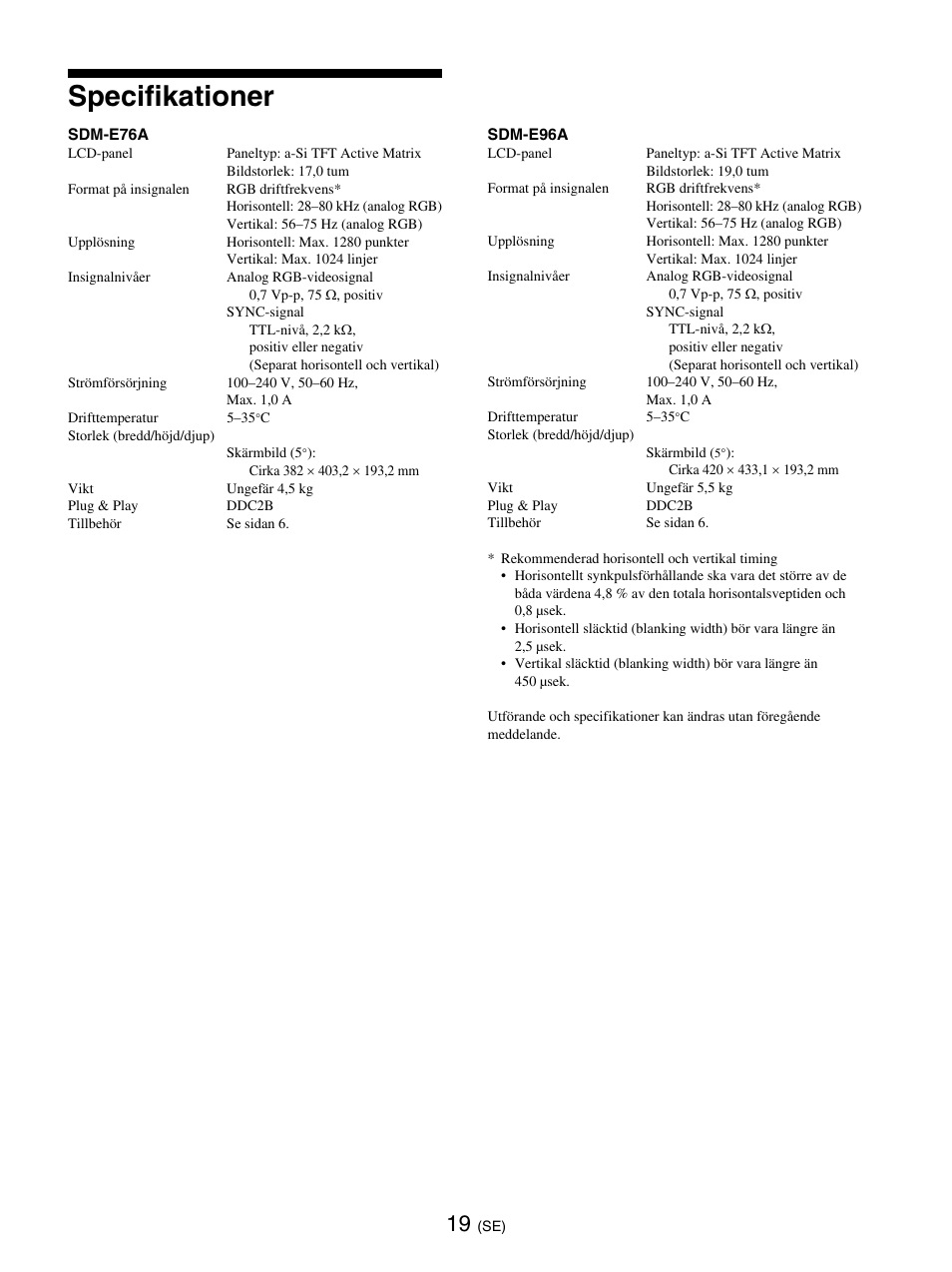 Specifikationer | Sony SDM-E76D User Manual | Page 197 / 349