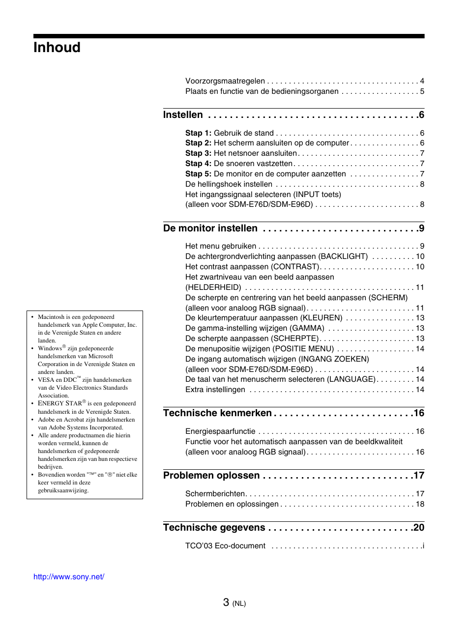 Inhoud, Instellen, De monitor instellen | Technische kenmerken, Problemen oplossen, Technische gegevens | Sony SDM-E76D User Manual | Page 202 / 349