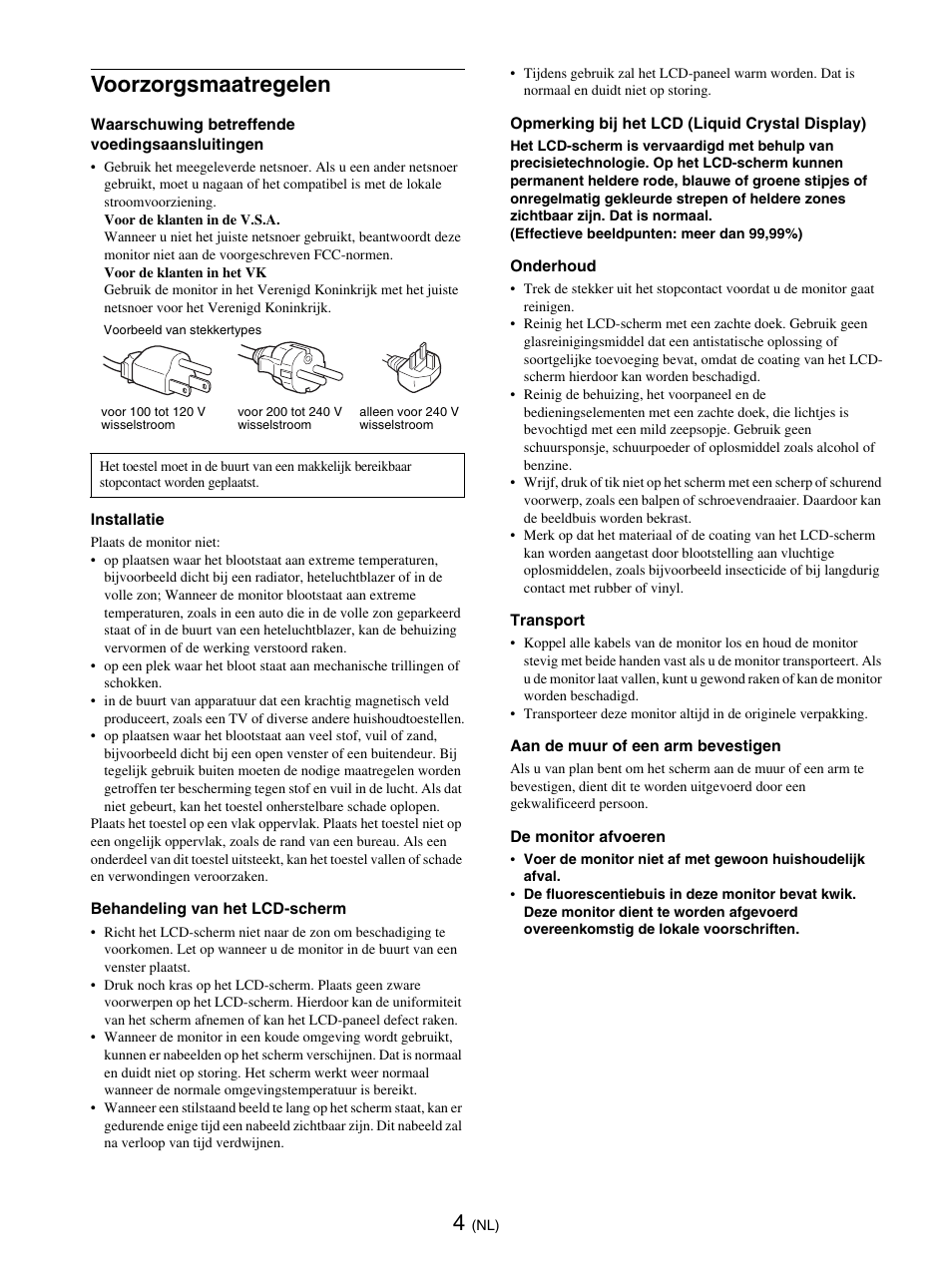 Voorzorgsmaatregelen | Sony SDM-E76D User Manual | Page 203 / 349