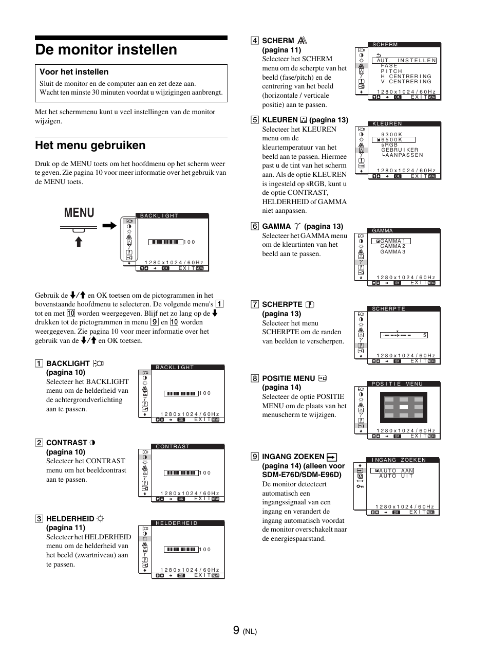 De monitor instellen, Het menu gebruiken, Menu | Sony SDM-E76D User Manual | Page 208 / 349