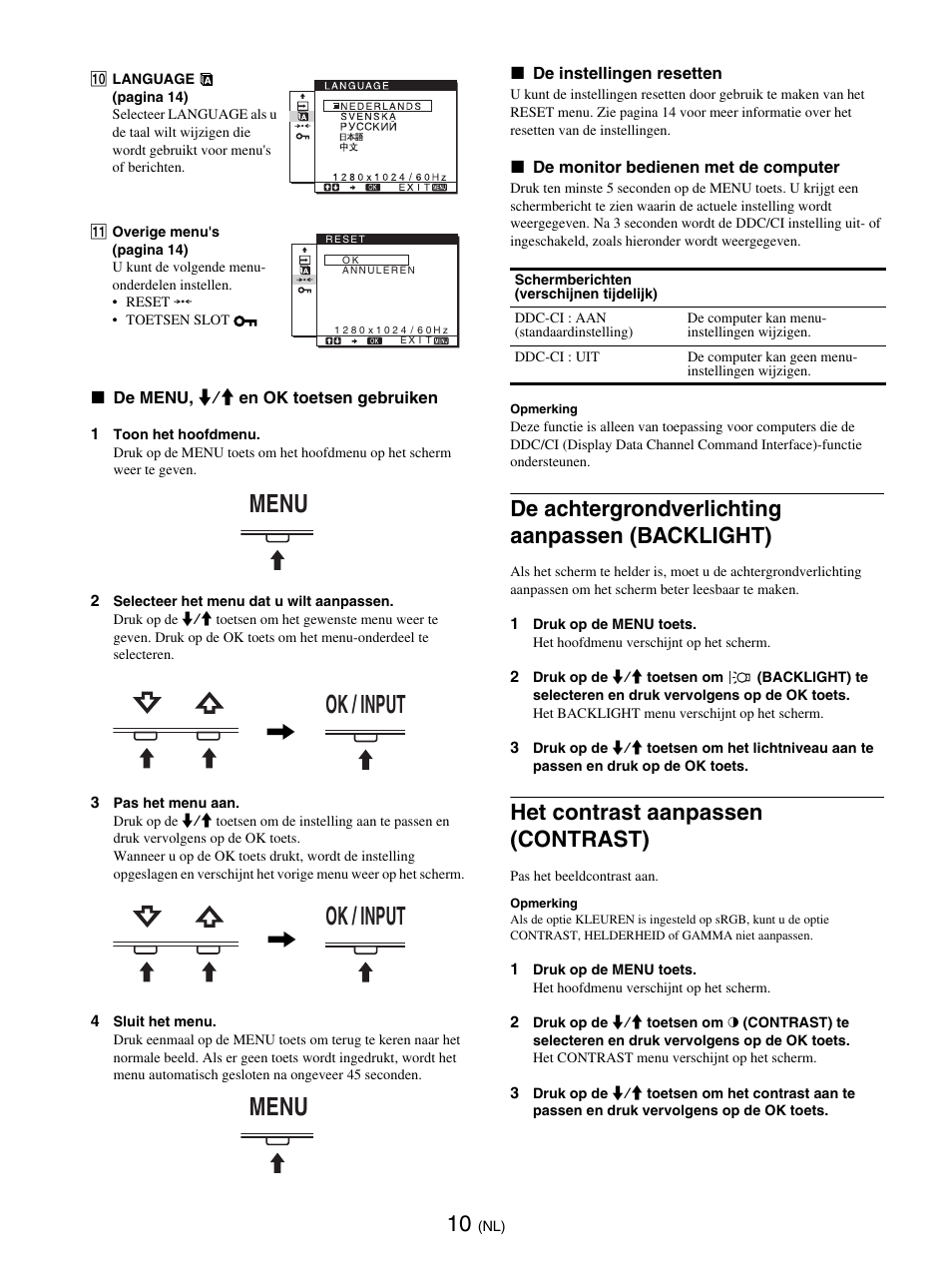De achtergrondverlichting aanpassen (backlight), Het contrast aanpassen (contrast), Menu ok / input | Ok / input menu | Sony SDM-E76D User Manual | Page 209 / 349
