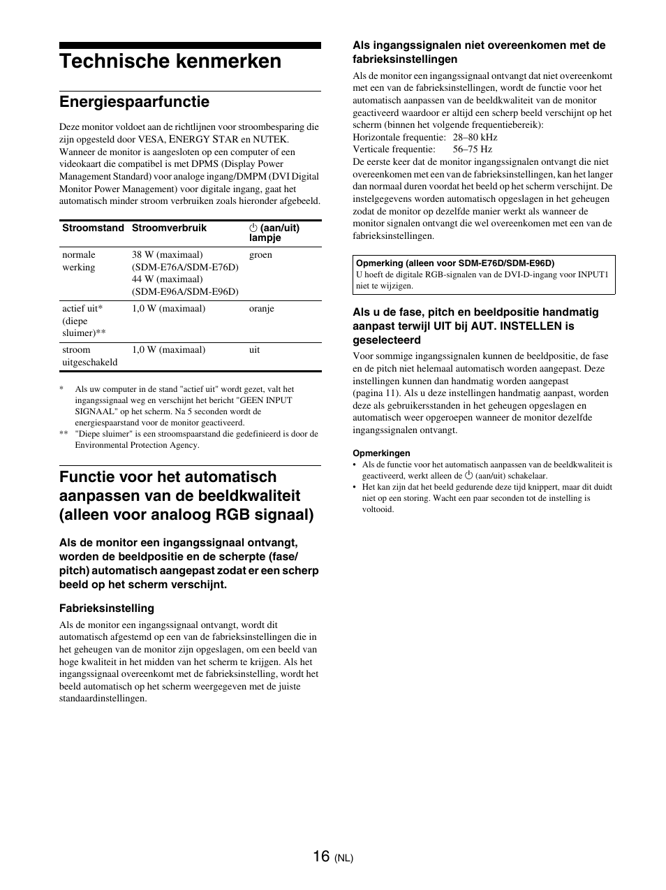 Technische kenmerken, Energiespaarfunctie | Sony SDM-E76D User Manual | Page 215 / 349