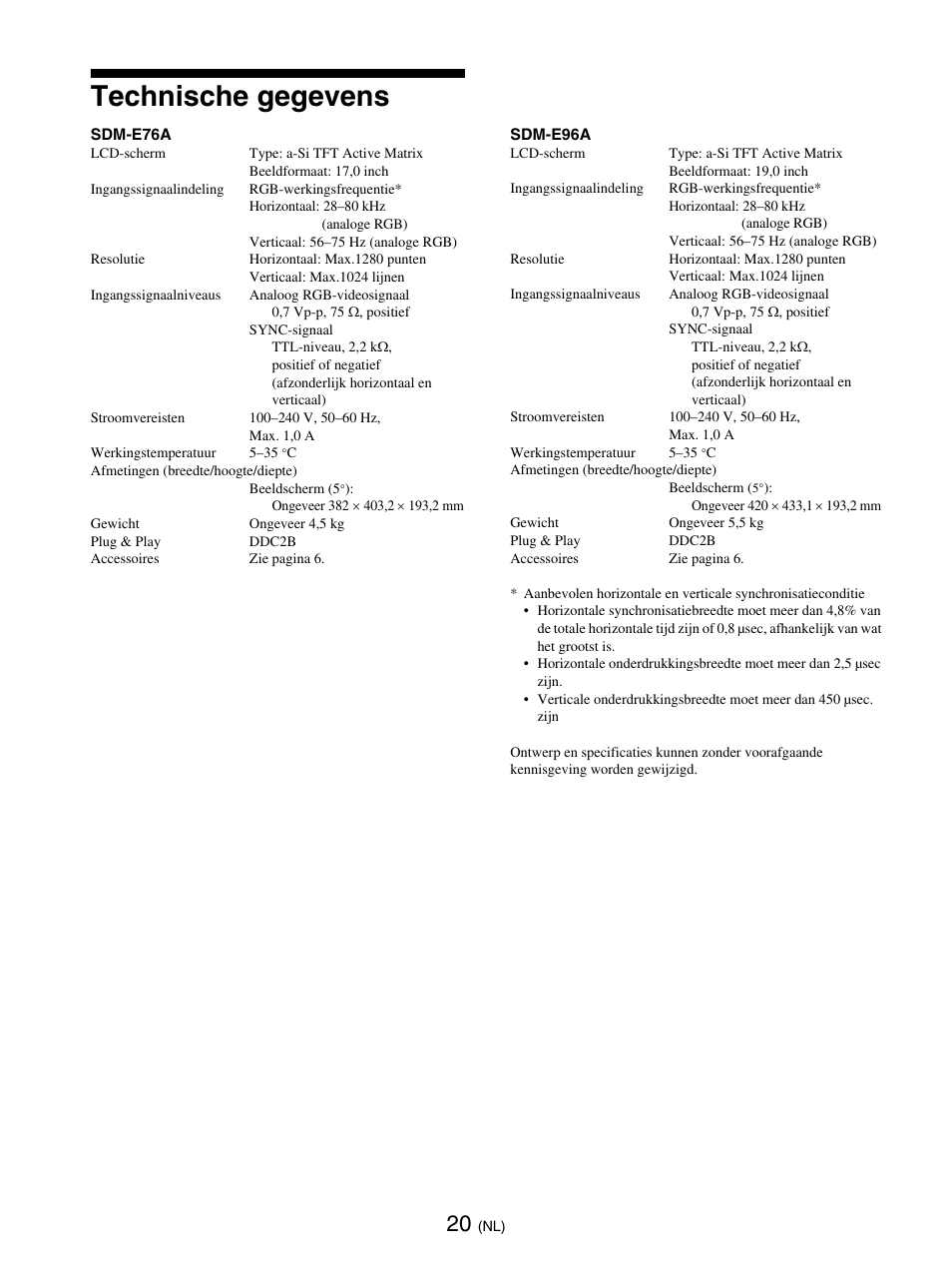 Technische gegevens | Sony SDM-E76D User Manual | Page 219 / 349