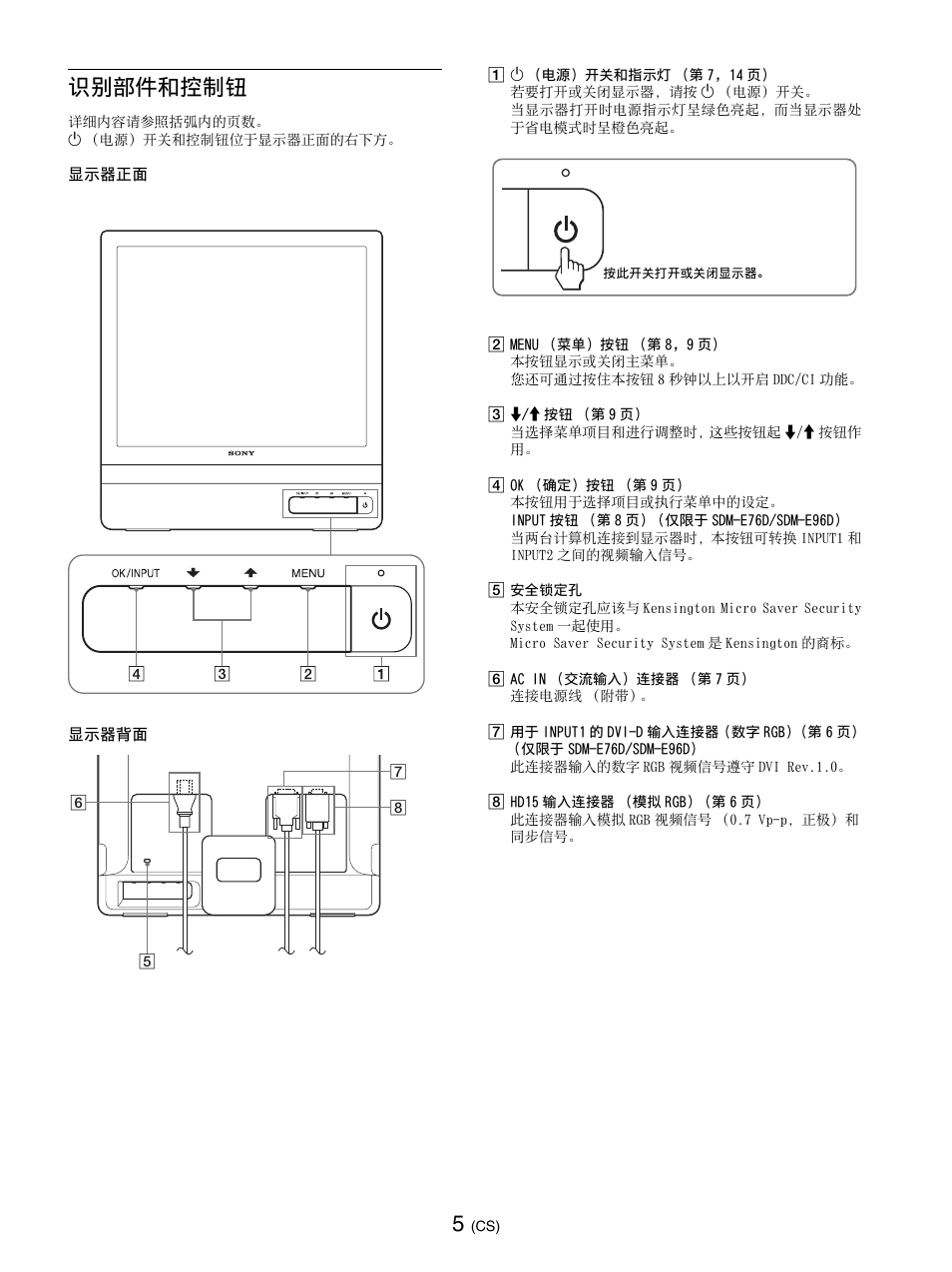 识别部件和控制钮 | Sony SDM-E76D User Manual | Page 226 / 349