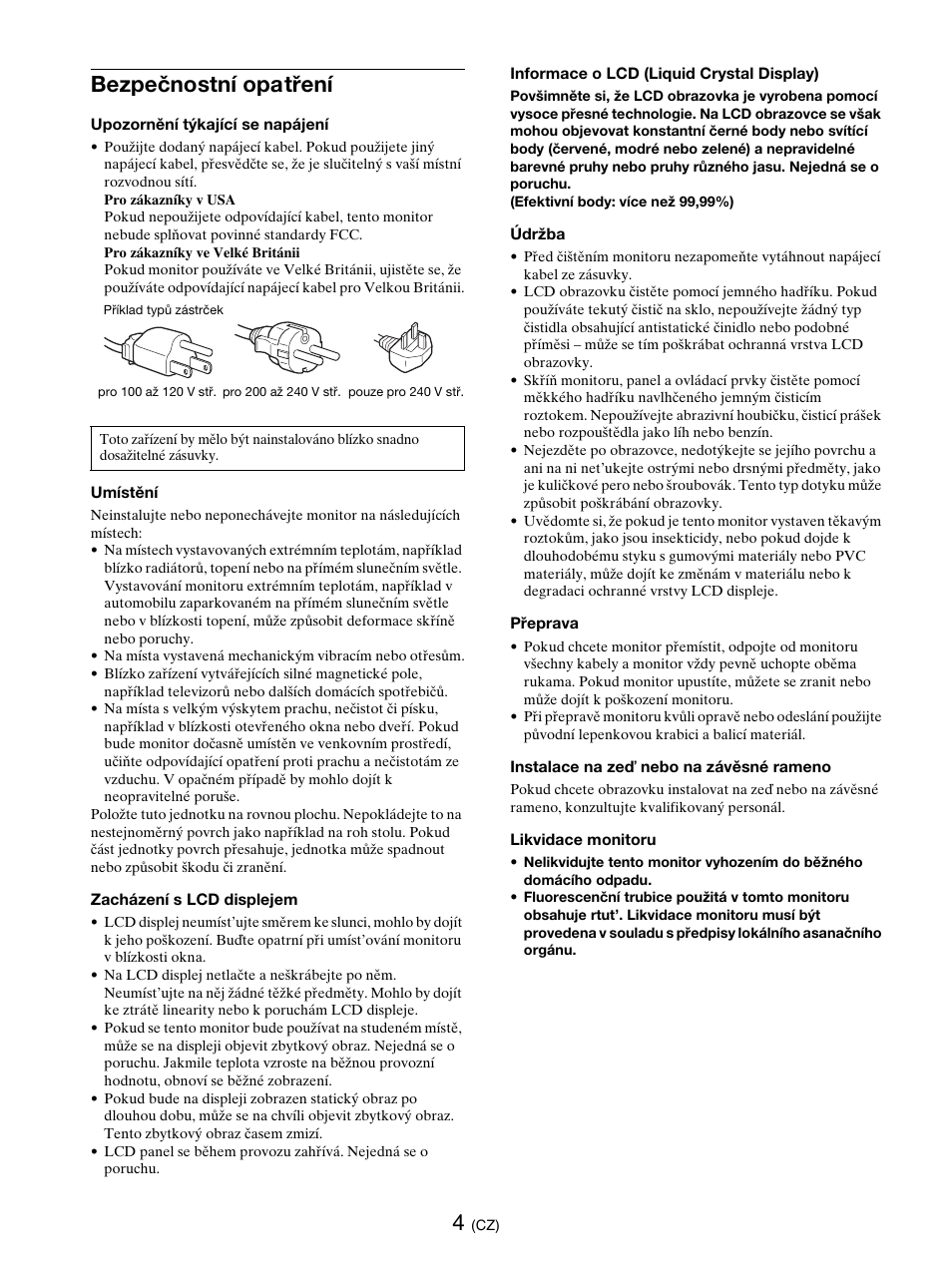 Bezpečnostní opatření | Sony SDM-E76D User Manual | Page 245 / 349