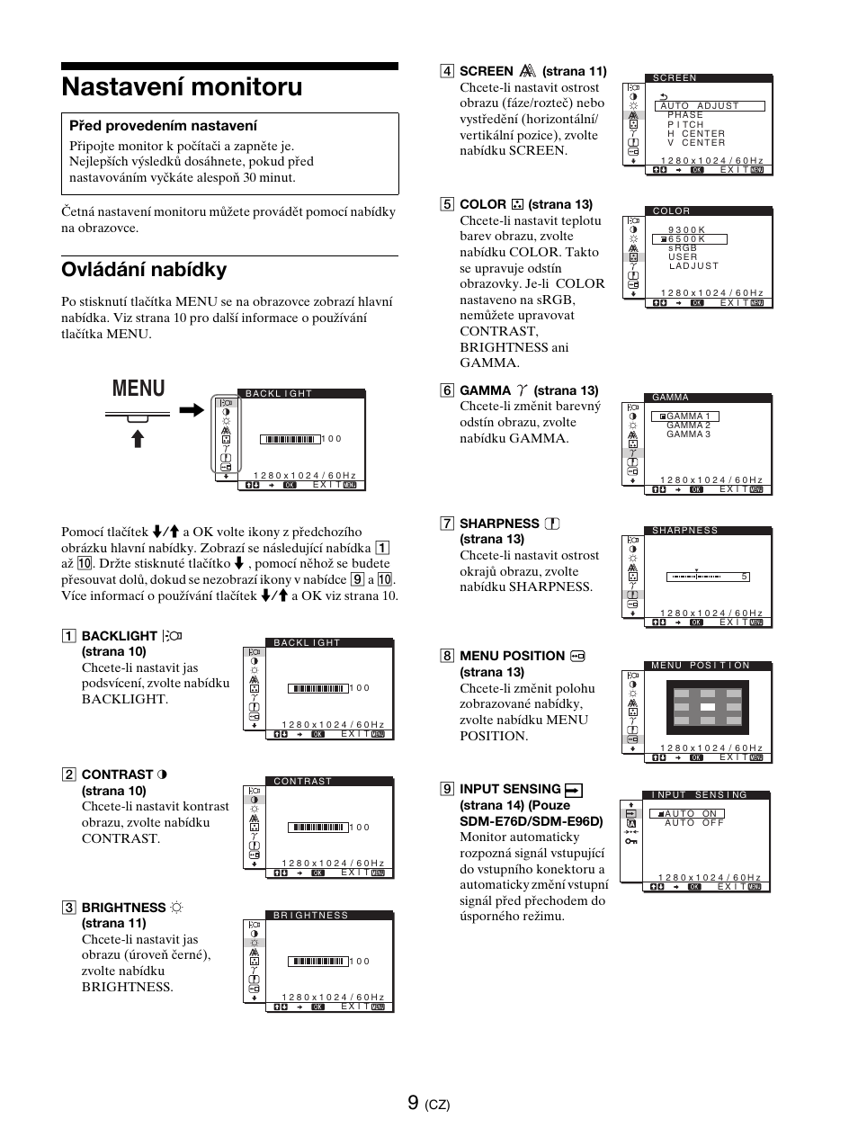 Nastavení monitoru, Ovládání nabídky, Strany 9 | Menu | Sony SDM-E76D User Manual | Page 250 / 349