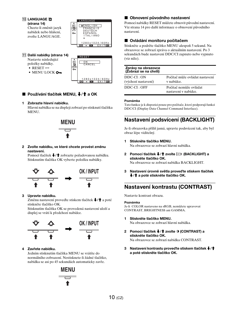 Nastavení podsvícení (backlight), Nastavení kontrastu (contrast), Menu ok / input | Ok / input menu | Sony SDM-E76D User Manual | Page 251 / 349