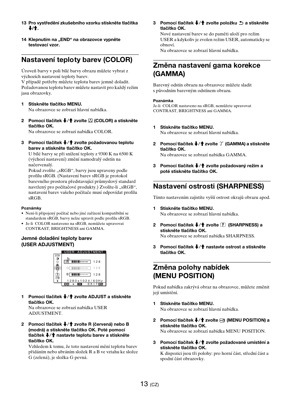 Nastavení teploty barev (color), Změna nastavení gama korekce (gamma), Nastavení ostrosti (sharpness) | Změna polohy nabídek (menu position), Color, Gamma | Sony SDM-E76D User Manual | Page 254 / 349