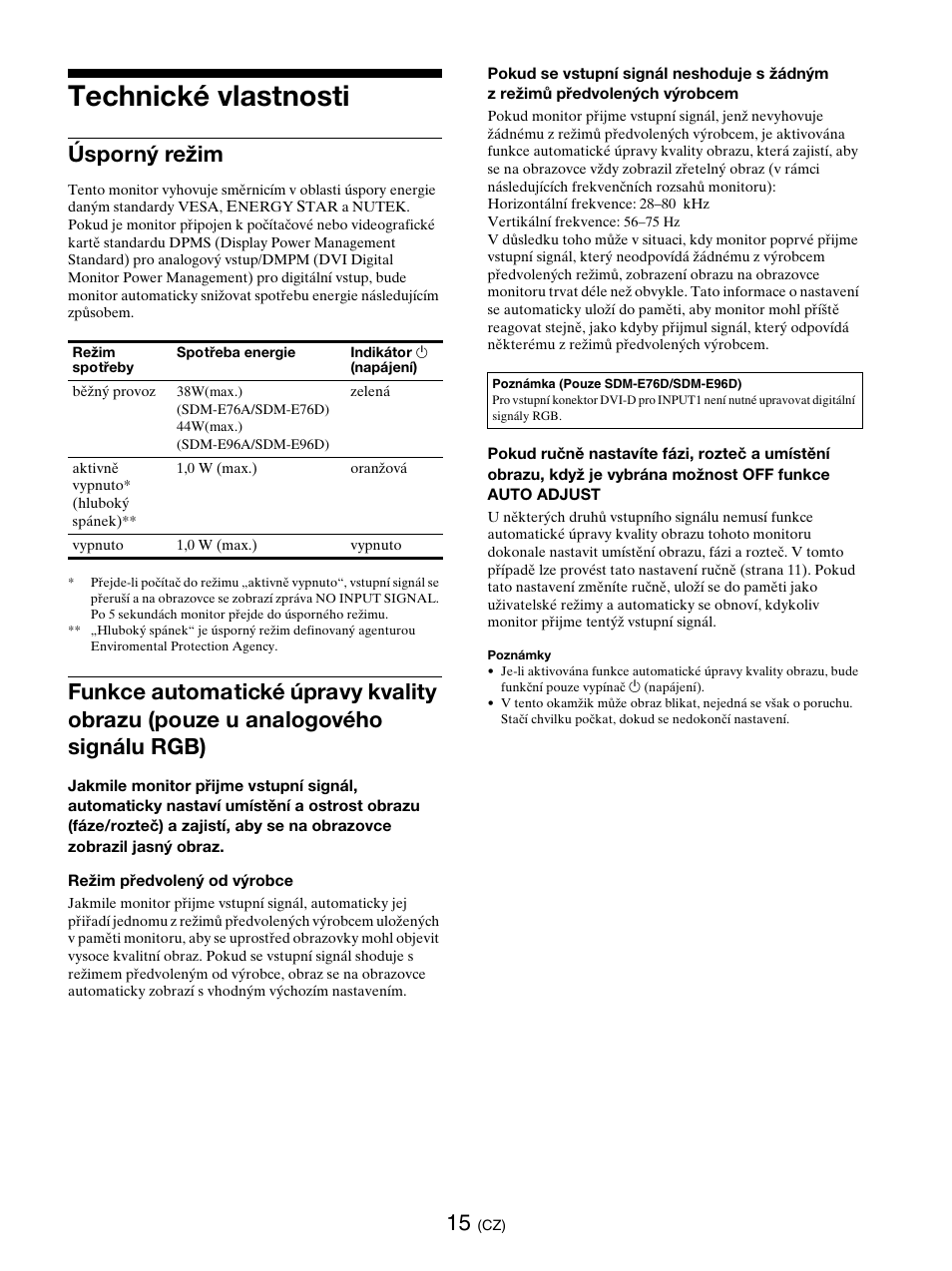 Technické vlastnosti, Úsporný režim | Sony SDM-E76D User Manual | Page 256 / 349