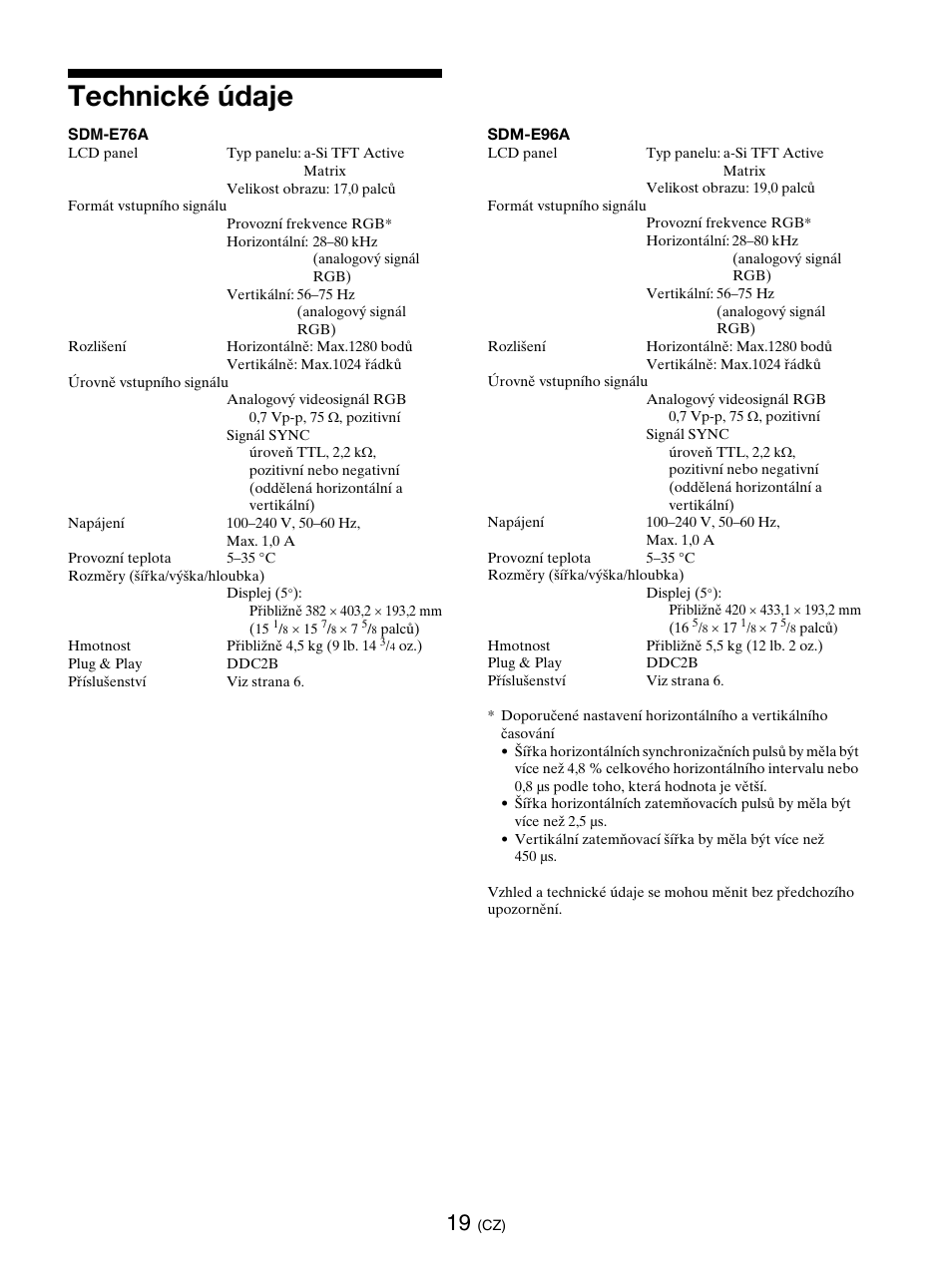 Technické údaje | Sony SDM-E76D User Manual | Page 260 / 349