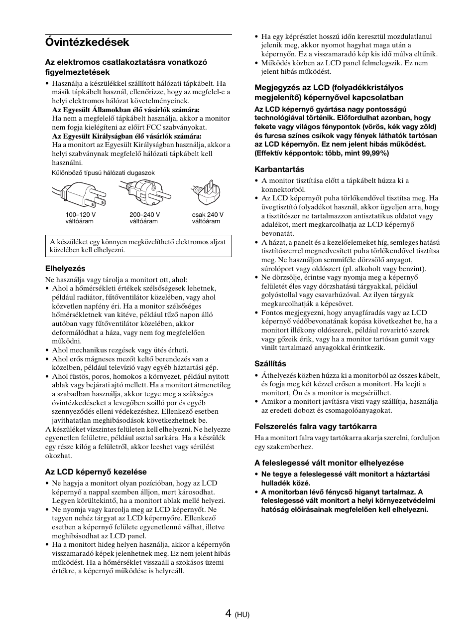 Óvintézkedések | Sony SDM-E76D User Manual | Page 266 / 349