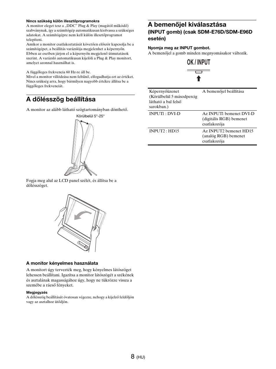 A dőlésszög beállítása, Oldal, Ok / input | A bemenőjel kiválasztása | Sony SDM-E76D User Manual | Page 270 / 349