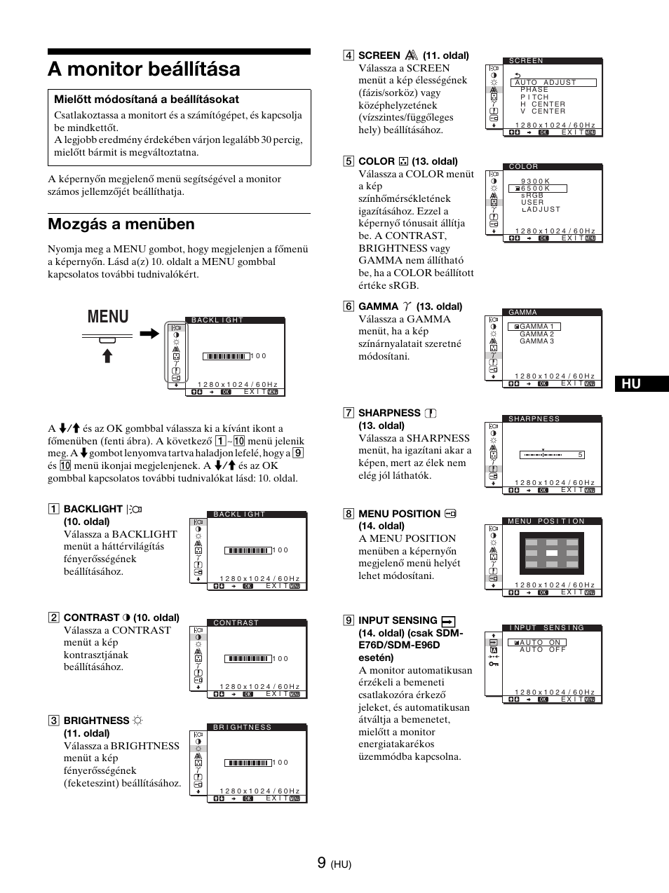 A monitor beállítása, Mozgás a menüben, B (9 | Menu | Sony SDM-E76D User Manual | Page 271 / 349