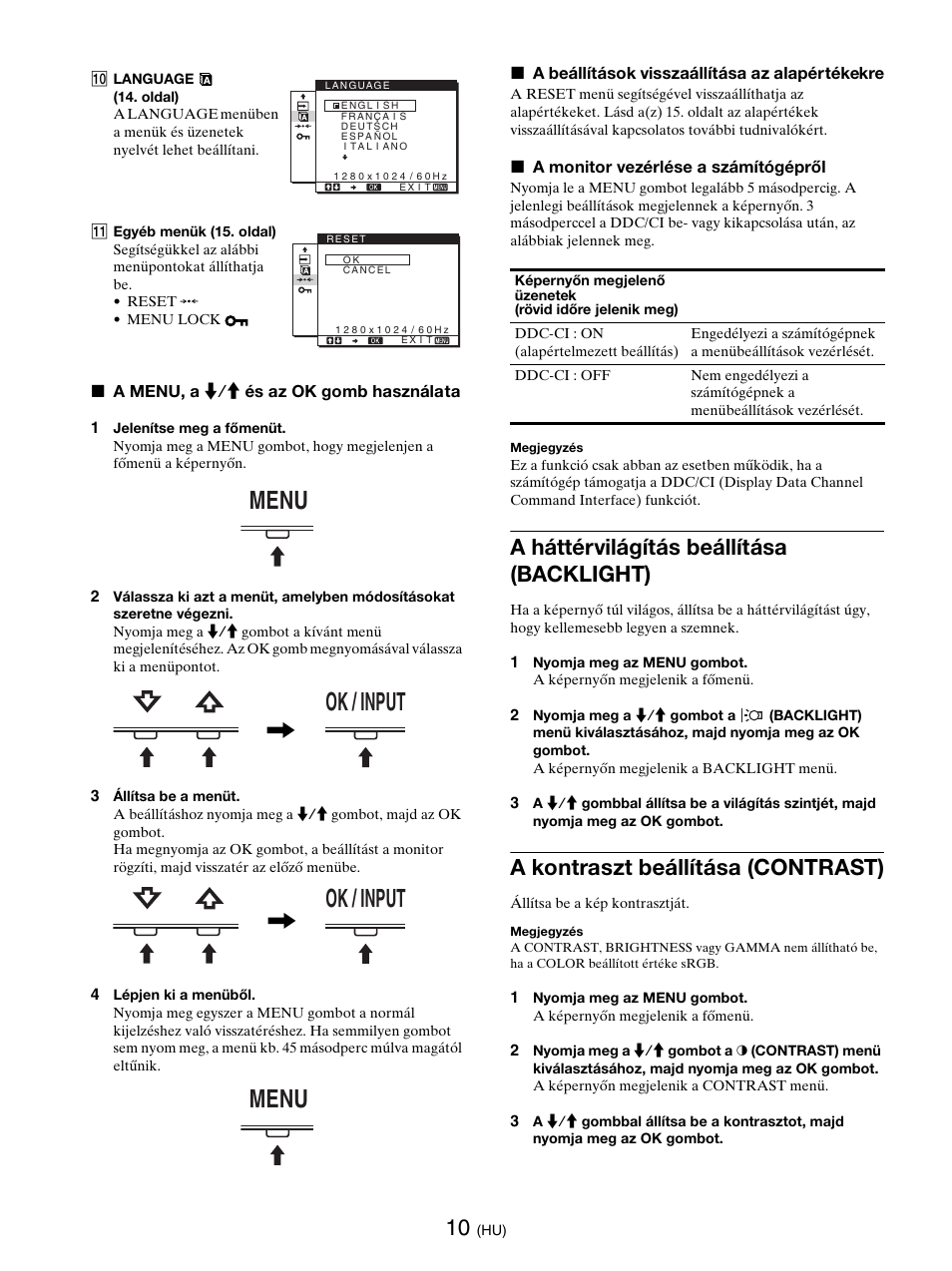 A háttérvilágítás beállítása (backlight), A kontraszt beállítása (contrast), Oldal | Ok (10. oldal), Lásd a(z) 10. oldalt a m, Oldal), Menu ok / input, Ok / input menu | Sony SDM-E76D User Manual | Page 272 / 349