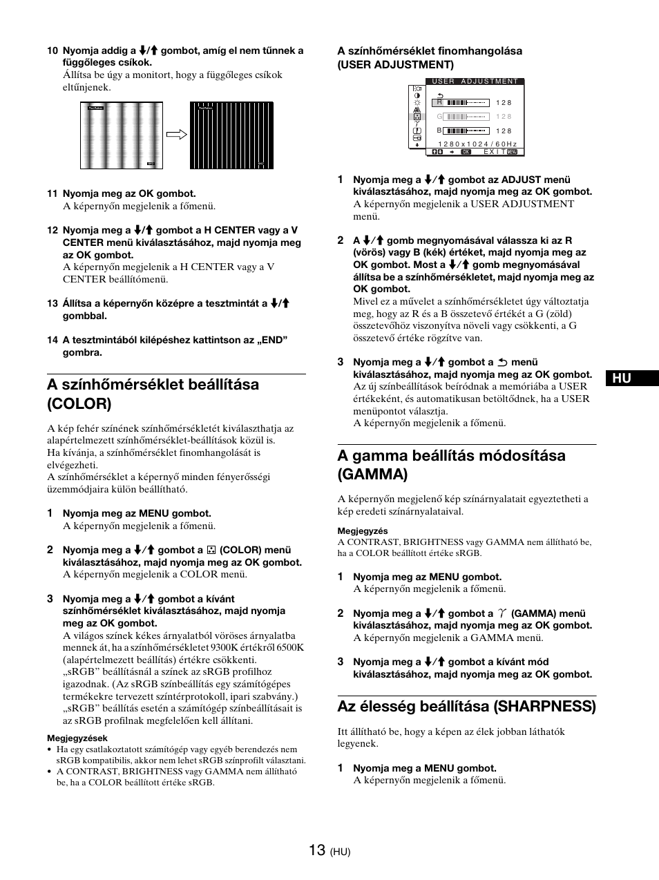 A színhőmérséklet beállítása (color), A gamma beállítás módosítása (gamma), Az élesség beállítása (sharpness) | Color, Oldal), Gamma | Sony SDM-E76D User Manual | Page 275 / 349