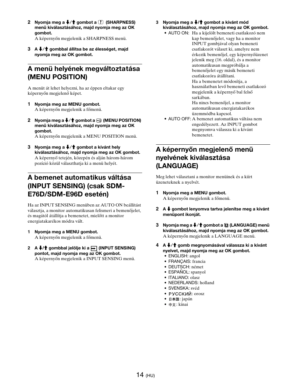 A menü helyének megváltoztatása (menu position), Oldal) | Sony SDM-E76D User Manual | Page 276 / 349