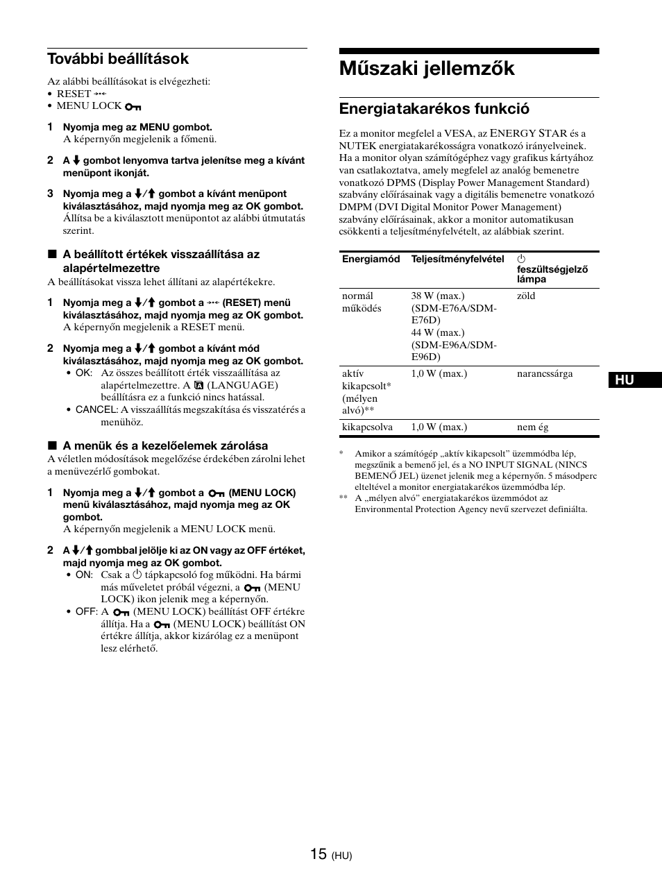 További beállítások, Műszaki jellemzők, Energiatakarékos funkció | Oldal) | Sony SDM-E76D User Manual | Page 277 / 349