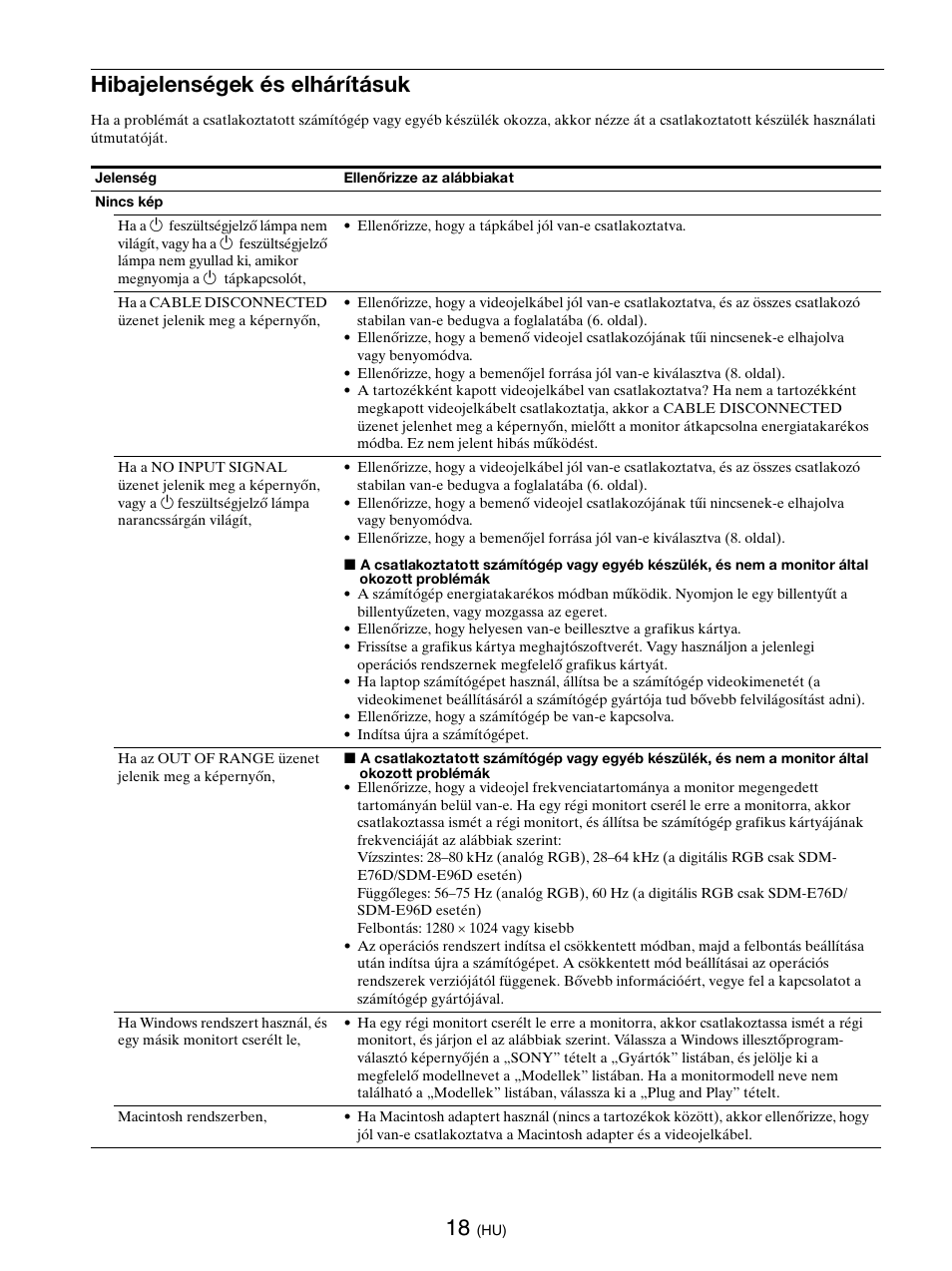 Hibajelenségek és elhárításuk | Sony SDM-E76D User Manual | Page 280 / 349