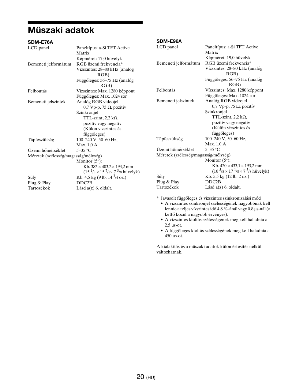 Műszaki adatok | Sony SDM-E76D User Manual | Page 282 / 349