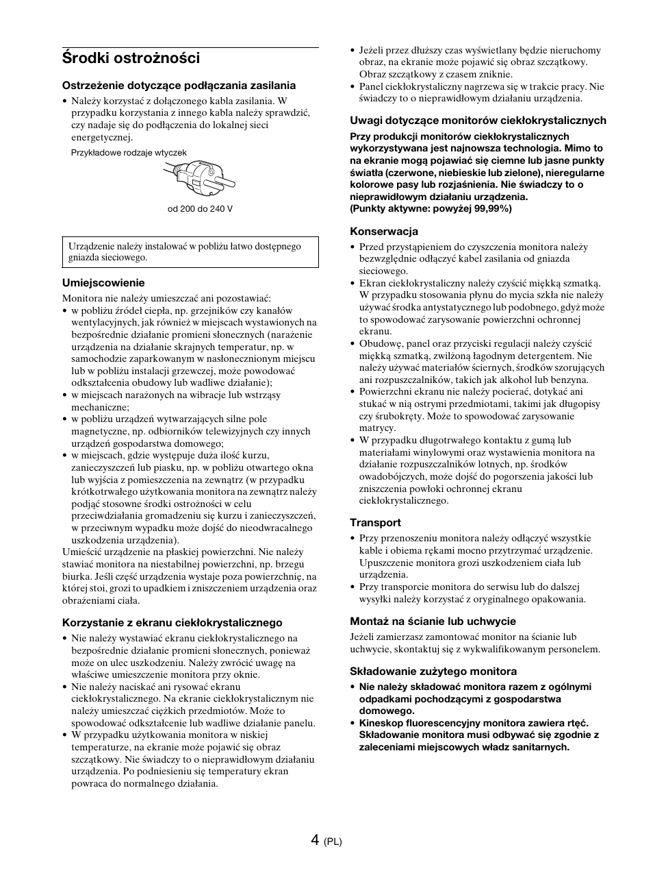 Środki ostrożności | Sony SDM-E76D User Manual | Page 288 / 349