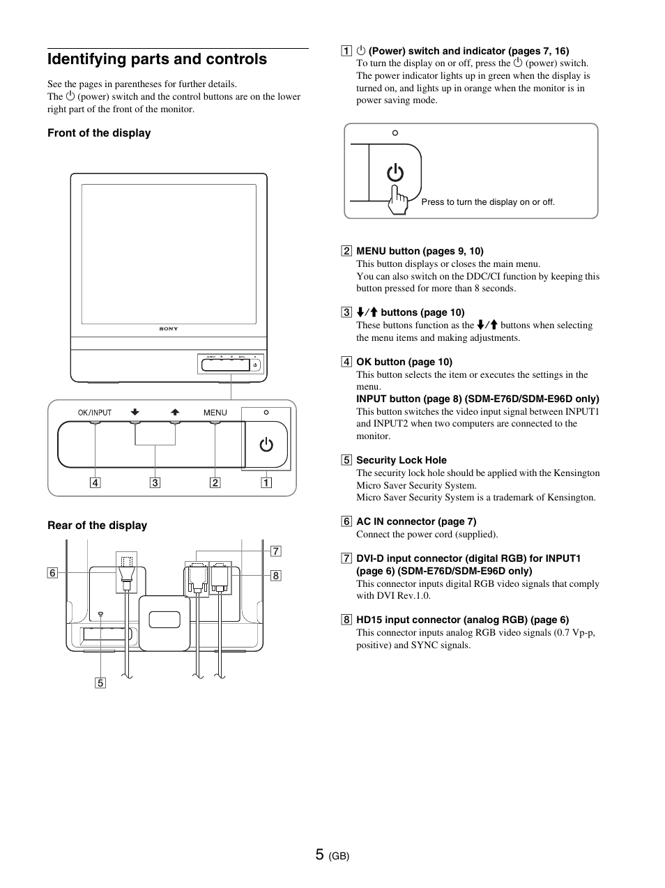 Identifying parts and controls | Sony SDM-E76D User Manual | Page 29 / 349