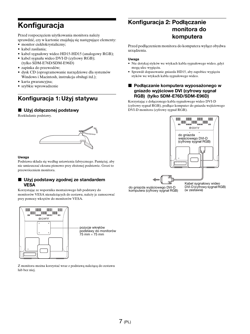 Konfiguracja, Konfiguracja 1: użyj statywu, Konfiguracja 2: podłączanie monitora do komputera | Sony SDM-E76D User Manual | Page 291 / 349