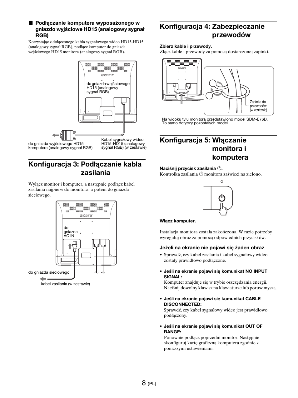 Konfiguracja 3: podłączanie kabla zasilania, Konfiguracja 4: zabezpieczanie przewodów, Konfiguracja 5: włączanie monitora i komputera | Sony SDM-E76D User Manual | Page 292 / 349