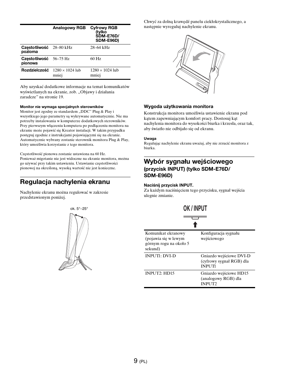 Regulacja nachylenia ekranu, Ok / input, Wybór sygnału wejściowego | Sony SDM-E76D User Manual | Page 293 / 349