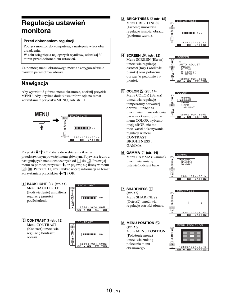 Regulacja ustawień monitora, Nawigacja, Menu | Sony SDM-E76D User Manual | Page 294 / 349