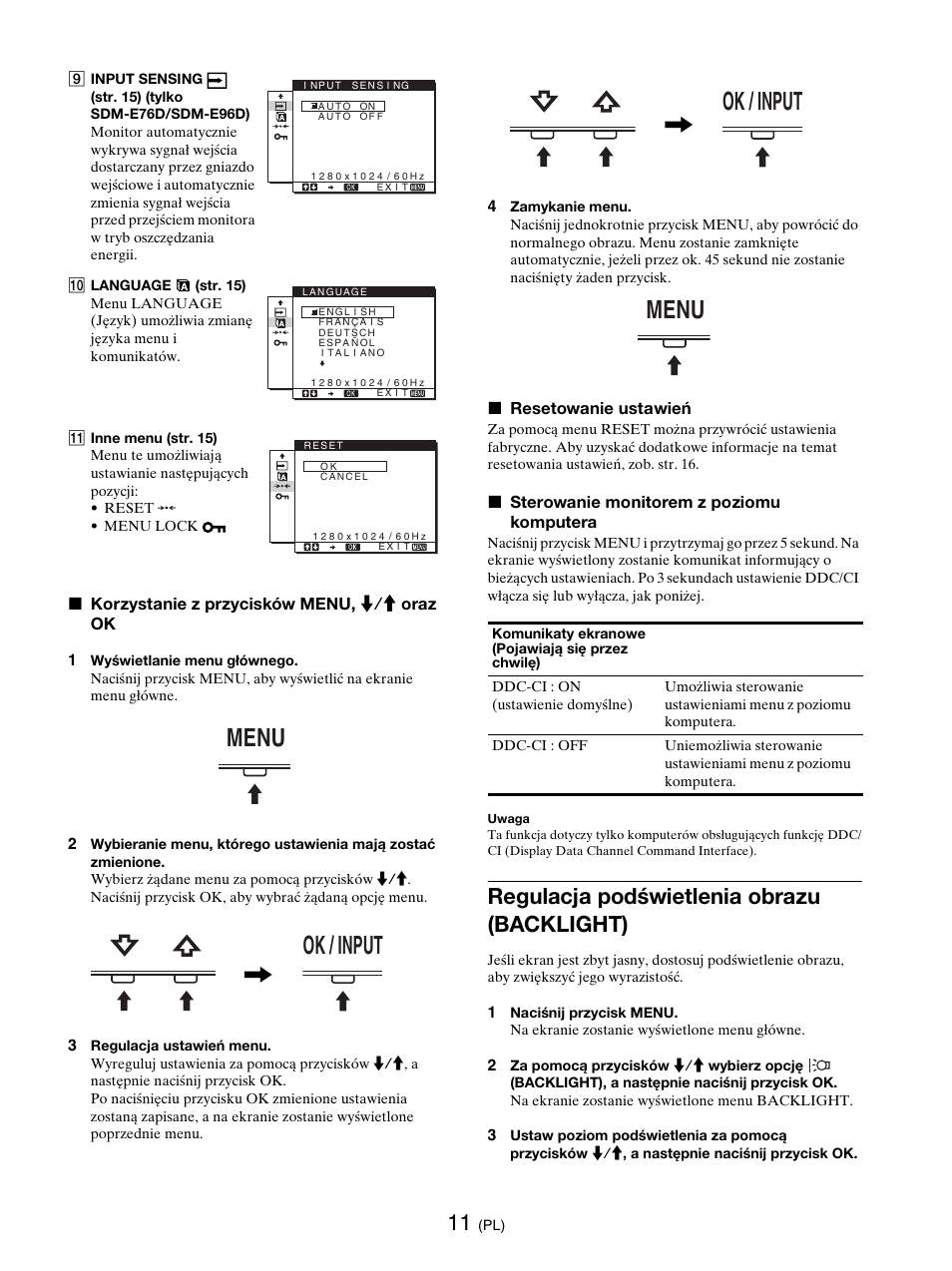 Regulacja podświetlenia obrazu (backlight), Backlight, Menu ok / input | Ok / input menu | Sony SDM-E76D User Manual | Page 295 / 349