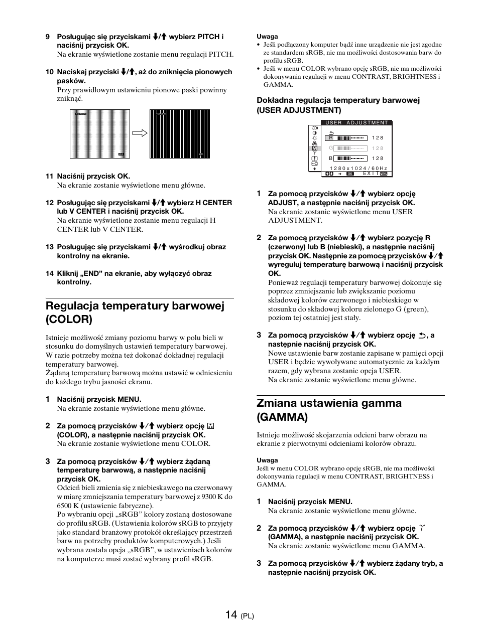 Regulacja temperatury barwowej (color), Zmiana ustawienia gamma (gamma), Color | Gamma | Sony SDM-E76D User Manual | Page 298 / 349