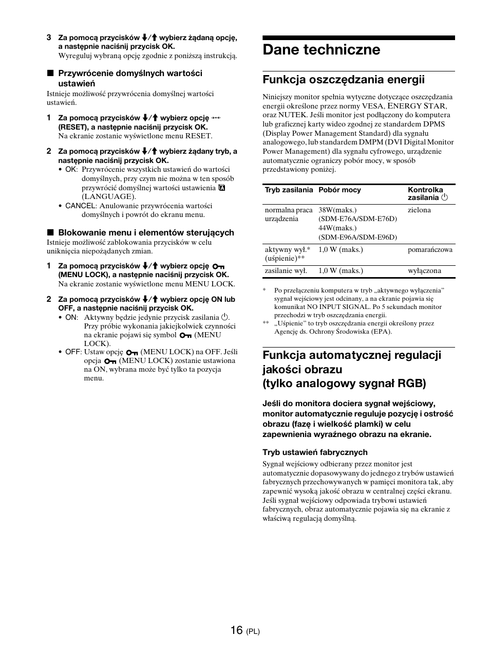 Dane techniczne, Funkcja oszczędzania energii | Sony SDM-E76D User Manual | Page 300 / 349