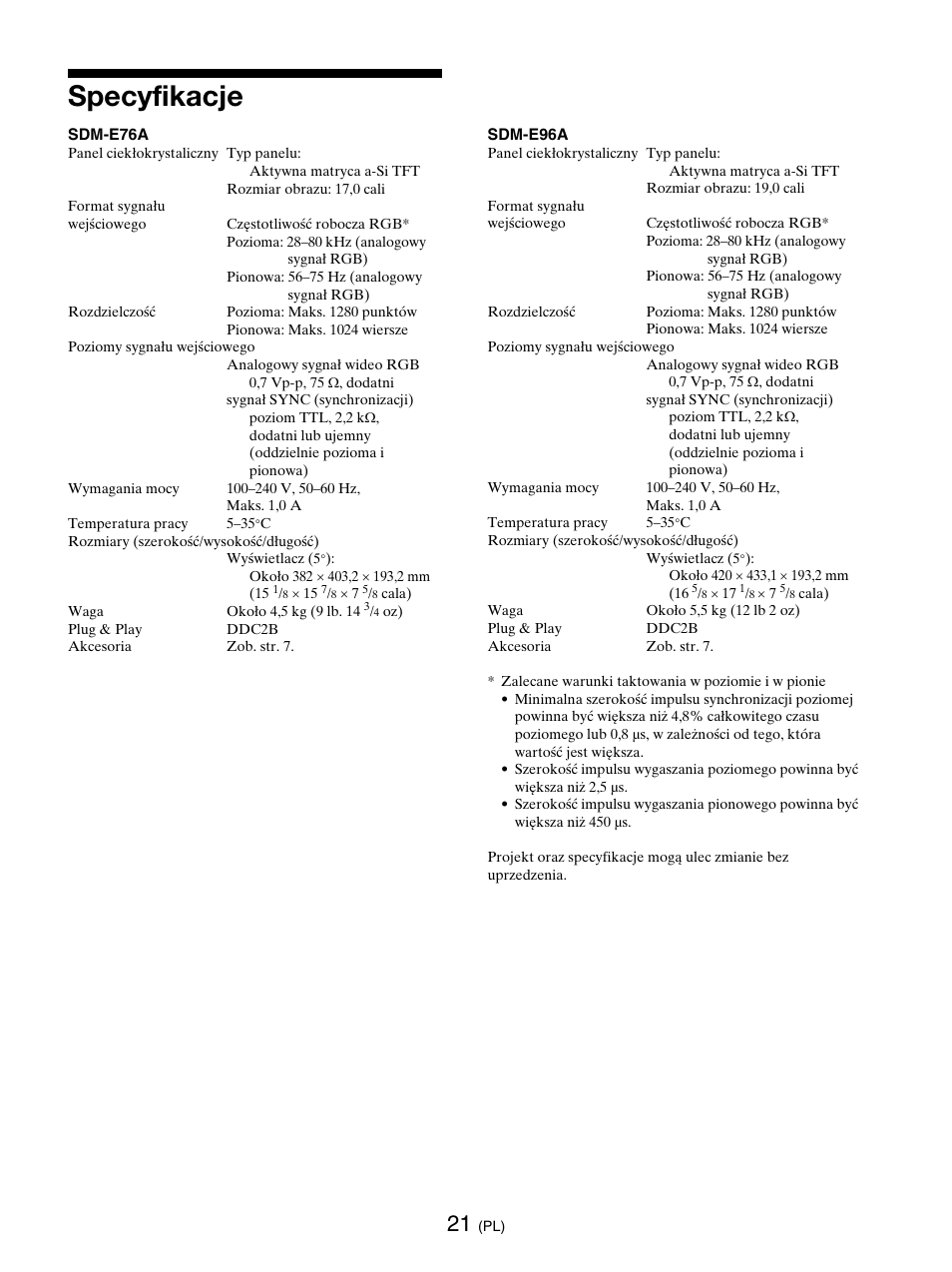 Specyfikacje | Sony SDM-E76D User Manual | Page 305 / 349
