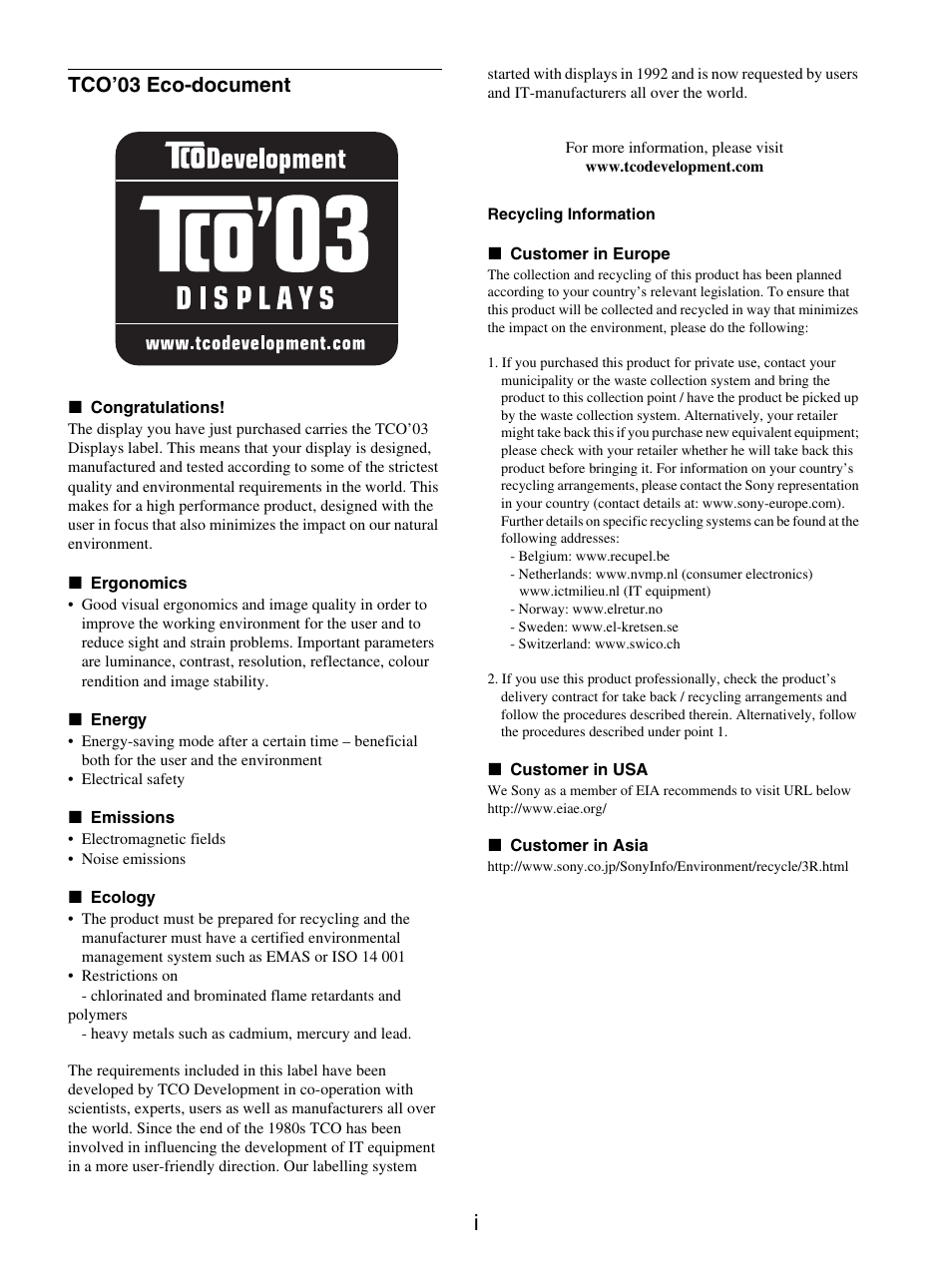 Tco’03 eco-document | Sony SDM-E76D User Manual | Page 307 / 349