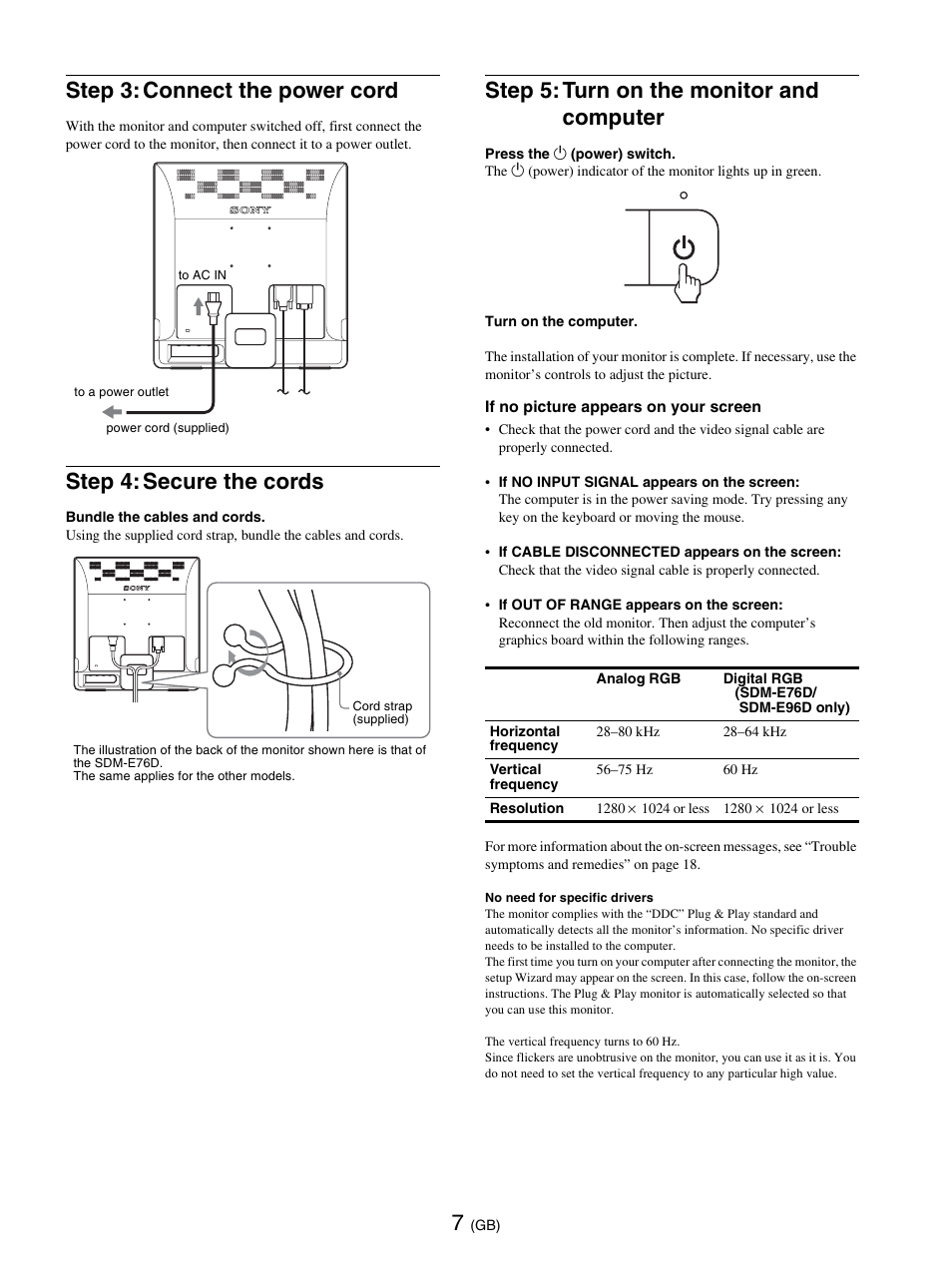 Step 3: connect the power cord, Step 4: secure the cords, Step 5: turn on the monitor and computer | Sony SDM-E76D User Manual | Page 31 / 349