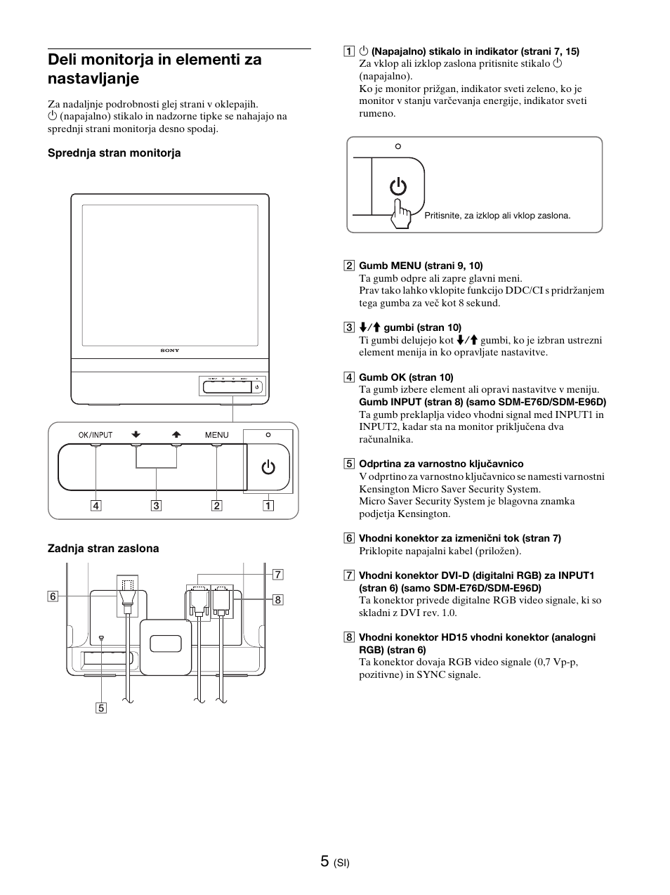 Deli monitorja in elementi za nastavljanje | Sony SDM-E76D User Manual | Page 312 / 349