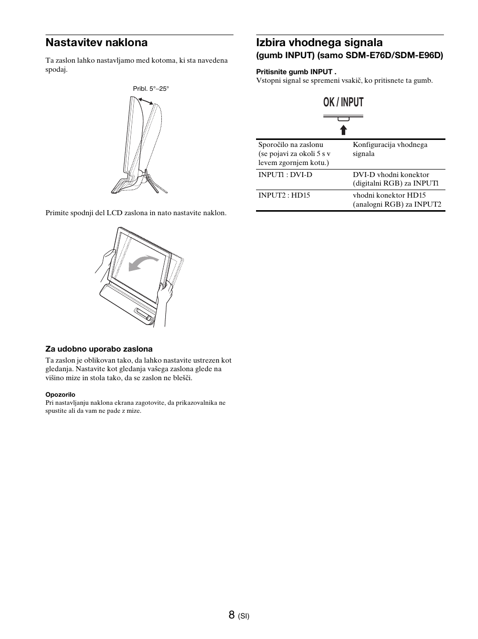 Nastavitev naklona, Gumb input (stran 8), Ok / input | Izbira vhodnega signala | Sony SDM-E76D User Manual | Page 315 / 349