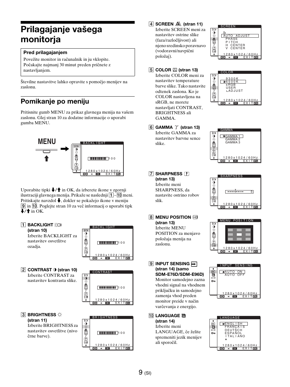 Prilagajanje vašega monitorja, Pomikanje po meniju, Strani 9 | Menu | Sony SDM-E76D User Manual | Page 316 / 349