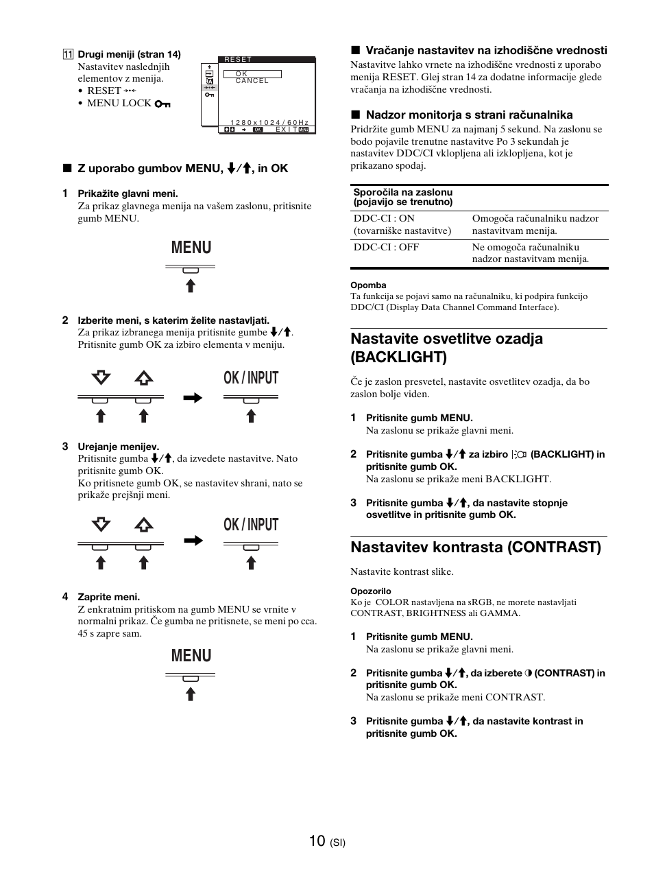 Nastavite osvetlitve ozadja (backlight), Nastavitev kontrasta (contrast), Gumbi (stran 10) | Stran 10), Glej stran 10 z, Stran 10, Menu ok / input, Ok / input menu | Sony SDM-E76D User Manual | Page 317 / 349