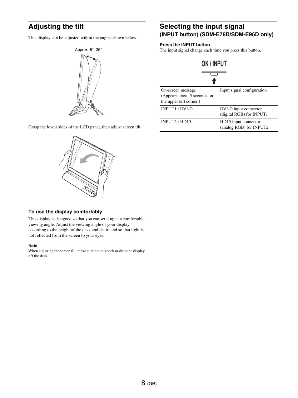 Adjusting the tilt, Ok / input, Selecting the input signal | Sony SDM-E76D User Manual | Page 32 / 349