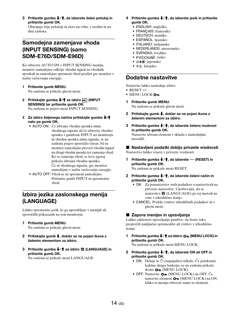 Izbira jezika zaslonskega menija (language), Dodatne nastavitve, Stran 14) | Sony SDM-E76D User Manual | Page 321 / 349