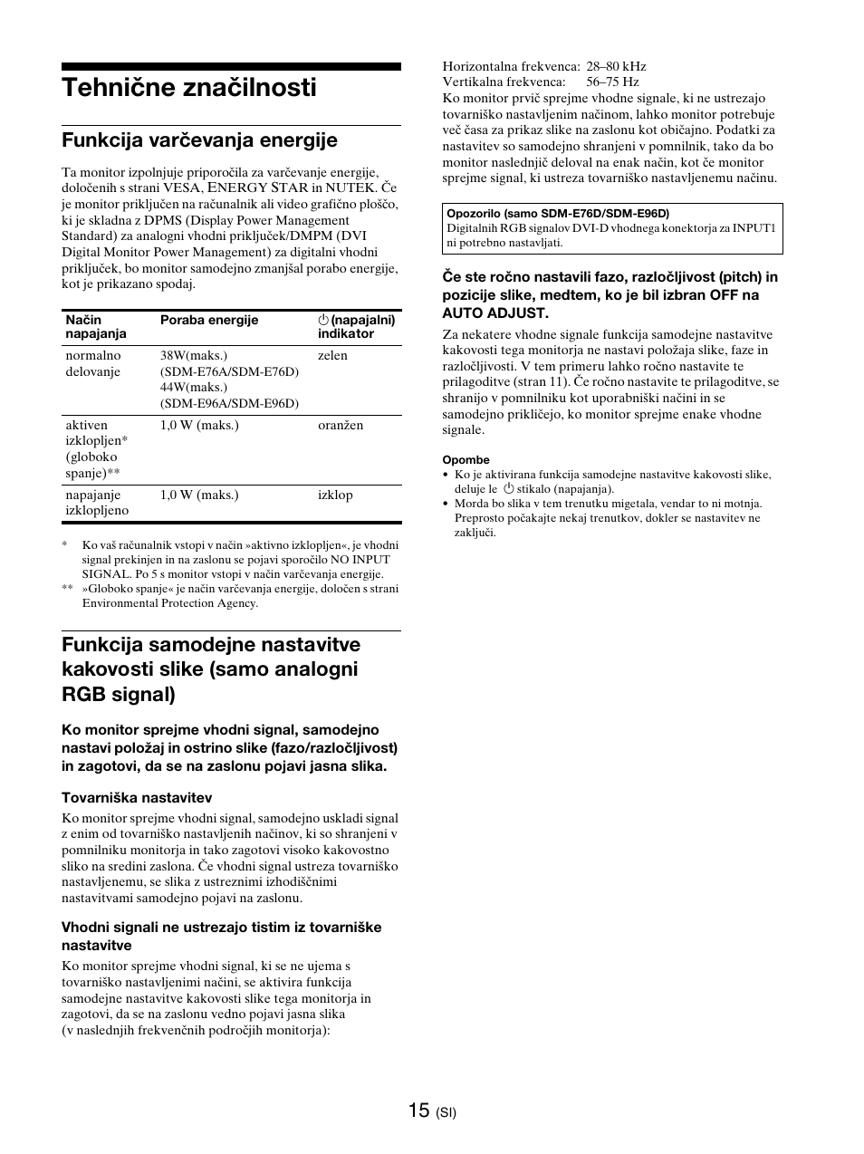 Tehnične značilnosti, Funkcija varčevanja energije | Sony SDM-E76D User Manual | Page 322 / 349