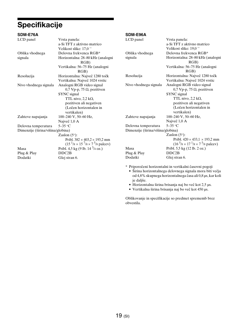 Specifikacije | Sony SDM-E76D User Manual | Page 326 / 349