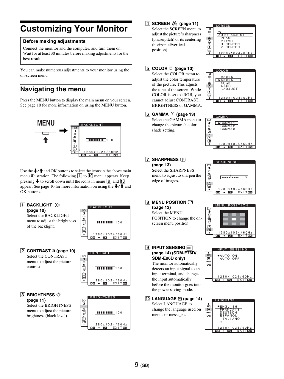 Customizing your monitor, Navigating the menu, Menu | Sony SDM-E76D User Manual | Page 33 / 349
