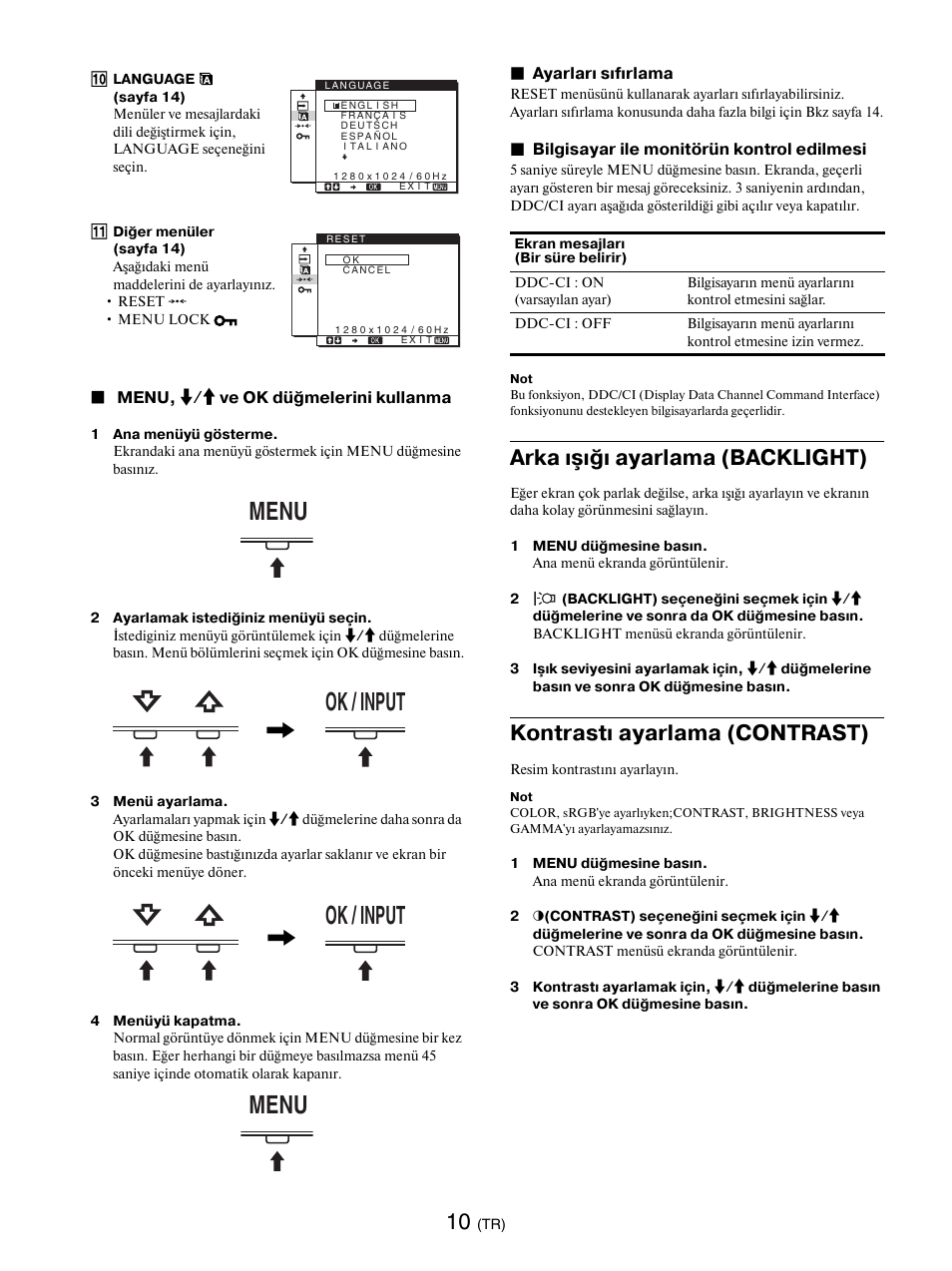 Arka ışığı ayarlama (backlight), Kontrastı ayarlama (contrast), Sayfa 10) | Ok düğmesi (sayfa 10), Bkz sayfa 10, Sayfa 10, Menu ok / input, Ok / input menu | Sony SDM-E76D User Manual | Page 338 / 349