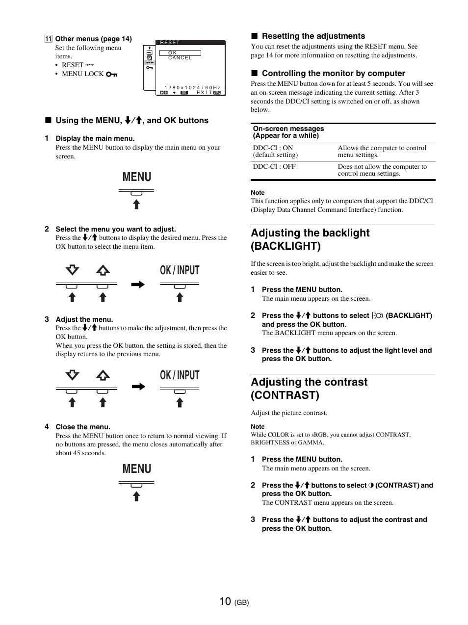 Adjusting the backlight (backlight), Adjusting the contrast (contrast), Menu ok / input | Ok / input menu | Sony SDM-E76D User Manual | Page 34 / 349