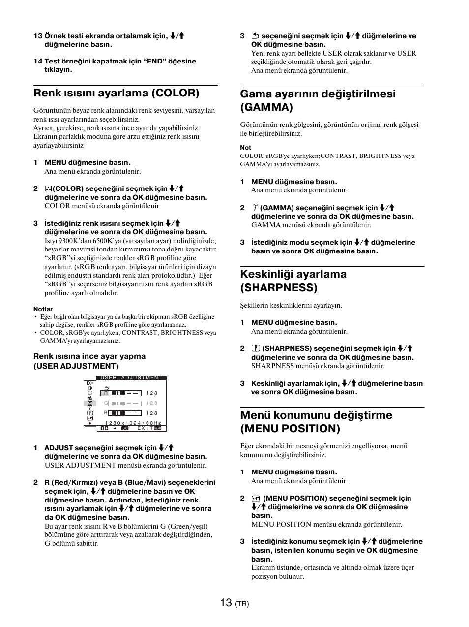 Renk ısısını ayarlama (color), Gama ayarının değiştirilmesi (gamma), Keskinliği ayarlama (sharpness) | Menü konumunu değiştirme (menu position), Sayfa 13), Gamma | Sony SDM-E76D User Manual | Page 341 / 349